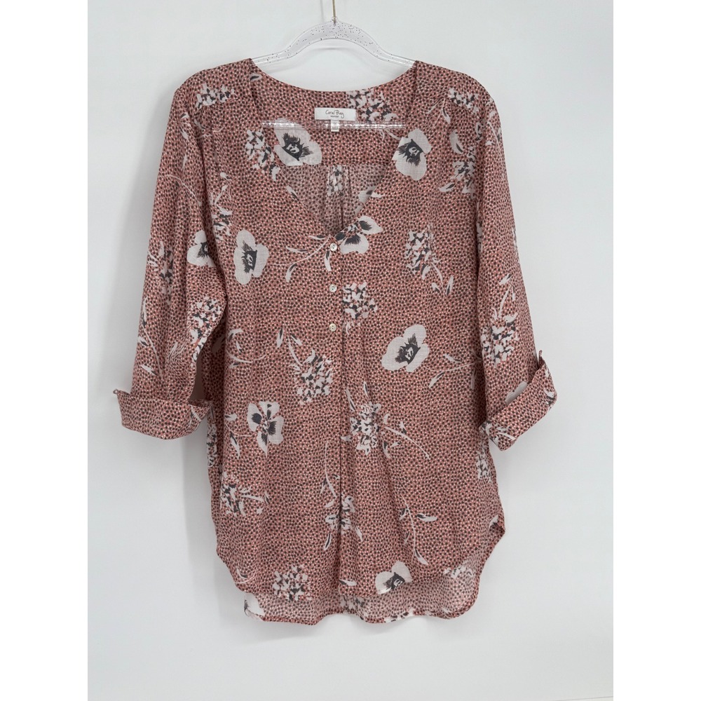 Coral Bay Woman Terracotta Floral Roll Tab Sleeve V-Neck Blouse Plus Sz 1X